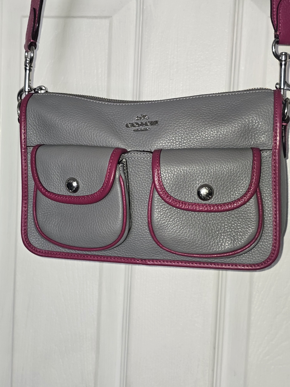 Coach Pebble Leather Crossbody Bag in Gray with Pink Trim